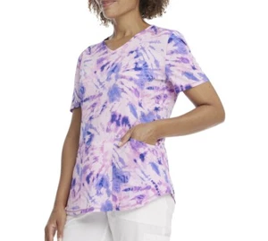 Womens Medium Tye Dye Scrub Top V Neck - Pink Purple Tie Dye Scrubstar - Picture 1 of 5