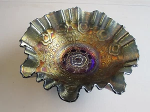 Fenton Iridescent Captive Rose Carnival Glass Ruffled Candy Rim c. 1912 Bowl - Picture 1 of 6