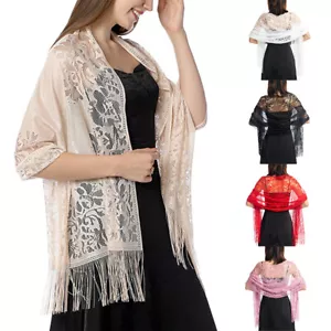 Womens Pashmina Shawls and Wraps Gypsy Fancy Lace Crochet Mesh Head Scarf Fringe - Picture 1 of 20