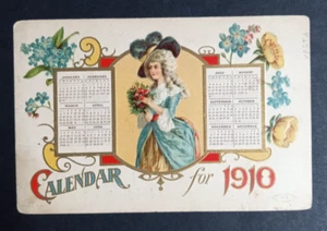 Kalender für 1910 geprägte Postkarte Blumenmädchen im blauen Kleid & Hut - Bild 1 von 2