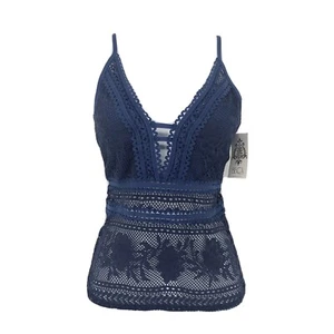 Becca Swim Top Navy Blue V-Neck Crochet Lace Tankini Top Size Small NWT - Picture 1 of 8