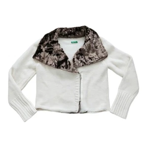 Vintage United Colors Of Benetton Strick Jacke Italy Kunstfellkragen UCB Ivory Medium - Bild 1 von 19