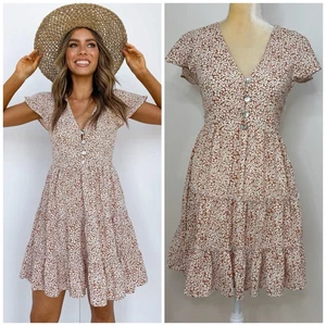 Petal & Pup Dancer Floral Button Up Tiered Mini Dress Size 2 Cream Brown - Picture 1 of 14