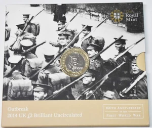 Moneda de 2 libras 2014 Reino Unido brote Primera Guerra Mundial brillante sin circular en soporte - Imagen 1 de 7