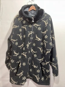 Vintage Obermeyer Fleece Jacket Large Black Reindeer Snowflake - Picture 1 of 9