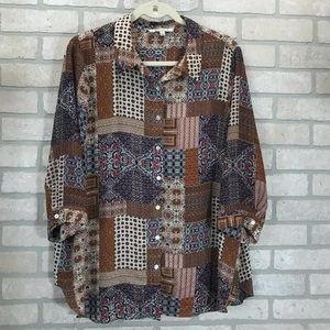 Rose & Olive Button Blouse Women's 1X 3/4 Sleeve Patchwork Artsy Lagenlook - Picture 1 of 8
