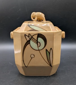 Tarro de galletas cubierto de cerámica Art Deco Japón mango de elefante verde tostado 7,5" - Imagen 1 de 11