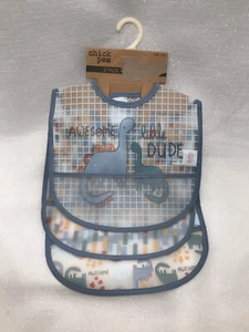 3pk Easy Clean Plastic Waterproof Feeding Baby Bib Bibs Boy Blue Dino Dinosaurs - Imagen 1 de 9