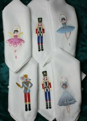 Christmas Nutcracker, Clara, Sugar Plum Fairy, Snow Queen Embroidered 6 Napkins - Image 1 of 4