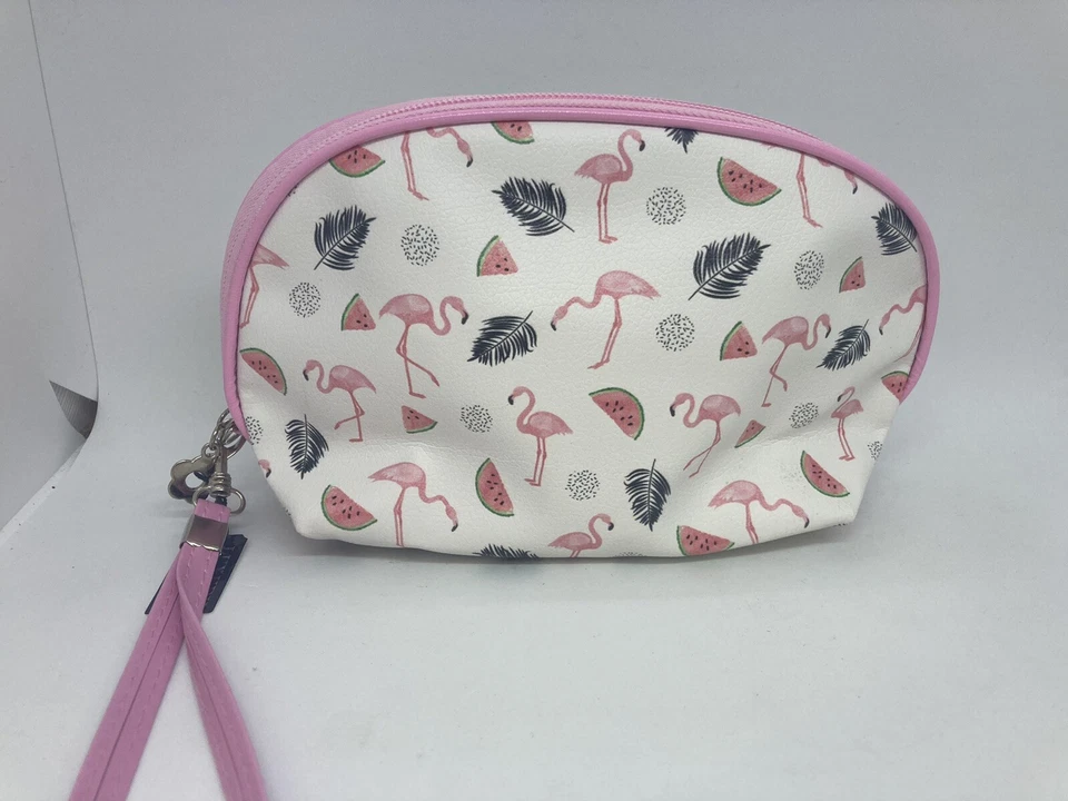 Flamingo & Watermelon Print Round Cosmetics Bag Zip Closure w/ Wrist Strap - Image 1 of 1