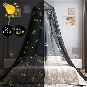 Black Princess Bed Canopy for Girls with Glowing Stars and Cats, Ceiling Tent fo - Picture 1 of 12