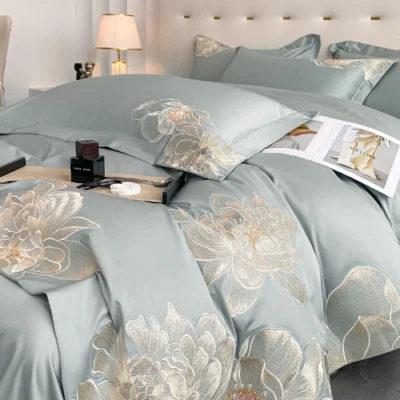 Bedding Set Egyptian Cotton Floral Embroidery Soft Duvet Cover Flat Bed Sheet Foto 1 de 4