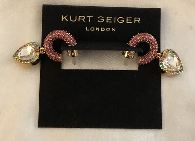 Kurt Geiger Pink Crystal Huggie Hoop Earrings Heart Charm With Rainbow Halo NWT - Image 1 of 4