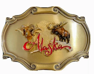 Gold Tone Brass Belt Buckle State Of Alaska 1970 By Rain Tree Ram/Moose on Front - Picture 1 of 7