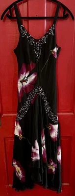 Vestido de Terciopelo Medianoche Talla M Negro Floral Lentejuelas Pañuelo Dobladillo Años 90’s Nuevo con Etiquetas De Colección Foto 1 de 4
