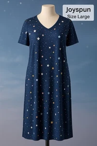 Camicia da notte Joyspun blu navy stampa stelle taglia grande scollo a V maglia morbida - Foto 1 di 4
