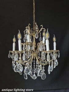 Antique Vintage French Chandelier Brass & Crystals Ceiling Light 6 Arms 9 Light - Picture 1 of 23