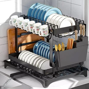 2 TIER KITCHEN SINK DISH DRAINER RACK WITH DRIP TRAY CUTLERY HOLDER PLATE RACK - Picture 1 of 11