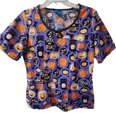 Women's Halloween Scrub Top Size XS Purple Orange Ghosts Pumpkins Pockets HQ  - Image 1 of 4
