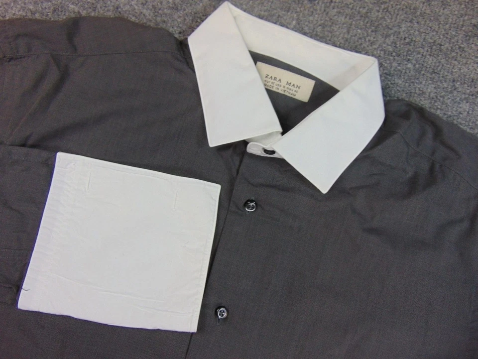 Camisa masculina Zara 16x38 cinza punho cano sólido manga longa - Imagem 1 de 4