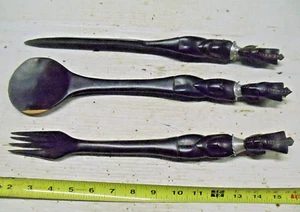 Old Vintage Wooden Carved African Tribal Figures Utensils Salad Fork - Picture 1 of 5