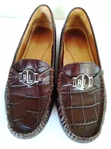Ralph Lauren Carley Croc Driving Loafers Mocs Women's Sz 7B Brown Leather Logo - Picture 1 of 18