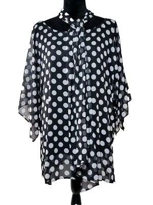 BLUSA MUJER 16W DANA KAY BLANCA SOBRE LUNARES NEGROS con CINTURÓN FORRADO TELA CORBATA Foto 1 de 4