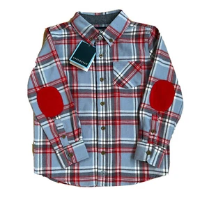 Andy And Evan Blue Red White Plaid Long Sleeve Flannel Shirt Sz 6Y Patched Elbow - Picture 1 of 8
