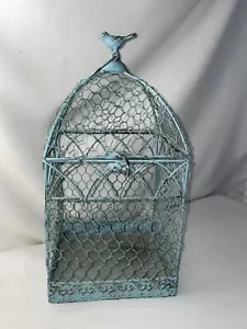 VTG BIRD CAGE - Metal/Wire Dome Bird Cage Finial Blue Patina Lift-Up Top 14" - Picture 1 of 6