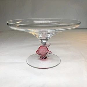 Blown Glass Crystal Compote / Candy Dish With Pink Fish Stem Made In Hungary VTG - Picture 1 of 24