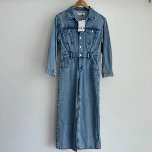 Zara Denim Jumpsuit Girls 11-12 Blue Button Down Flared leg Long Sleeve Kids NWT - Picture 1 of 11