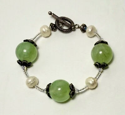Aventurine Bracelet Glass Textured Pearls Moon Stone Glass Seed Beads Silver - Image 1 of 4