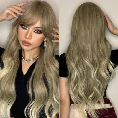 Dark Brown Blonde Ombre Long Wavy Wigs with Bangs Cosplay Daily Party for Women - Image 1 of 4