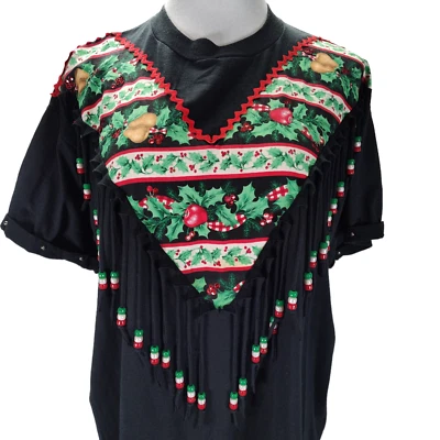 Vintage 90s Southwestern Christmas T Shirt Size XL Black Beaded Fringe Applique  - Image 1 of 4