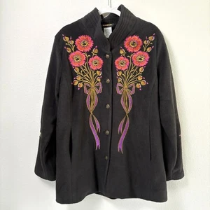 Bob Mackie Fleecejacke mit Blumenstickerei Gr. L schwarz Knopfleiste Taschen künstlerisch - Bild 1 von 12