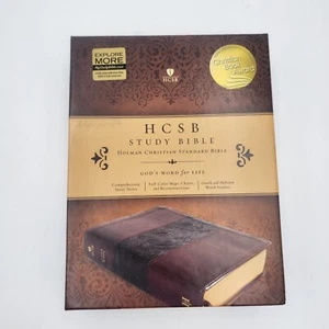 Unused! HCSB Study Bible Mahogany LeatherTouch Photos Articles Word Studies Maps - Picture 1 of 8