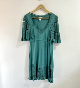 Vintage 90s Y2K Nanette Lepore Dress L Teal Crochet Fairycore Whimsy Boho - Picture 1 of 10