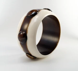 Statement Runway Chunky Wide Brown White Applied Raised Polka Dot Plastic Bangle - Picture 1 of 7