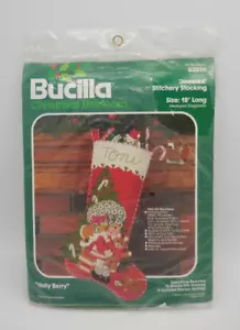 Vintage Bucilla Jeweled Christmas Stocking Kit Holly Berry 82074 Felt Sequin NIP - Picture 1 of 5