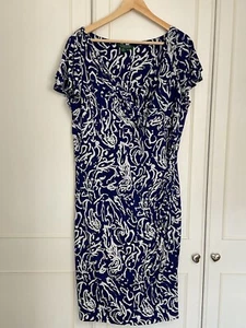 Lauren Ralph Lauren Jersey Dress UK 18 Blue Ivory Faux Wrap Stretchy Ruched - Picture 1 of 12