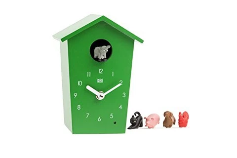 AnimalHouse Green, Small Cuckoo Clock with 5 Farm Animals Sounds (Natural Cover
