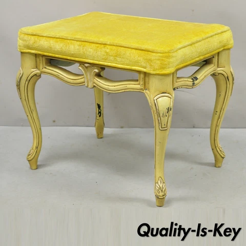 Vintage French Provincial Yellow Painted Cabriole Leg Vanity Bench Seat Cover