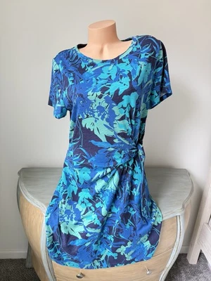 Chicos 2 L 12 T Shirt Dress Womens XL Floral Teal Blue Tie Cotton Slub Knit - Изображение 1 из 4