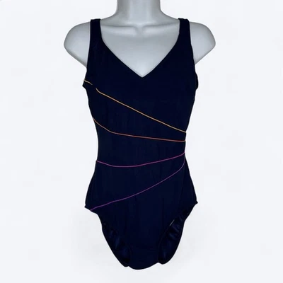 Traje de baño vintage Longitude de una pieza azul marino a rayas de neón talla estimada 8 playa Foto 1 de 4