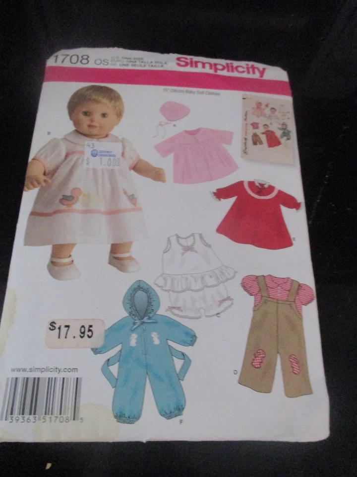 UNCUT DOLL CLOTHES SIMPLICITY SEWING PATTERN ~1708 - Image 1 of 1
