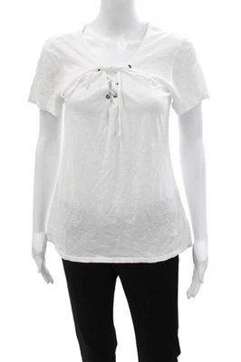 Camiseta bohemia de terciopelo para mujer blanca con cuello en V de algodón manga corta talla S Foto 1 de 4