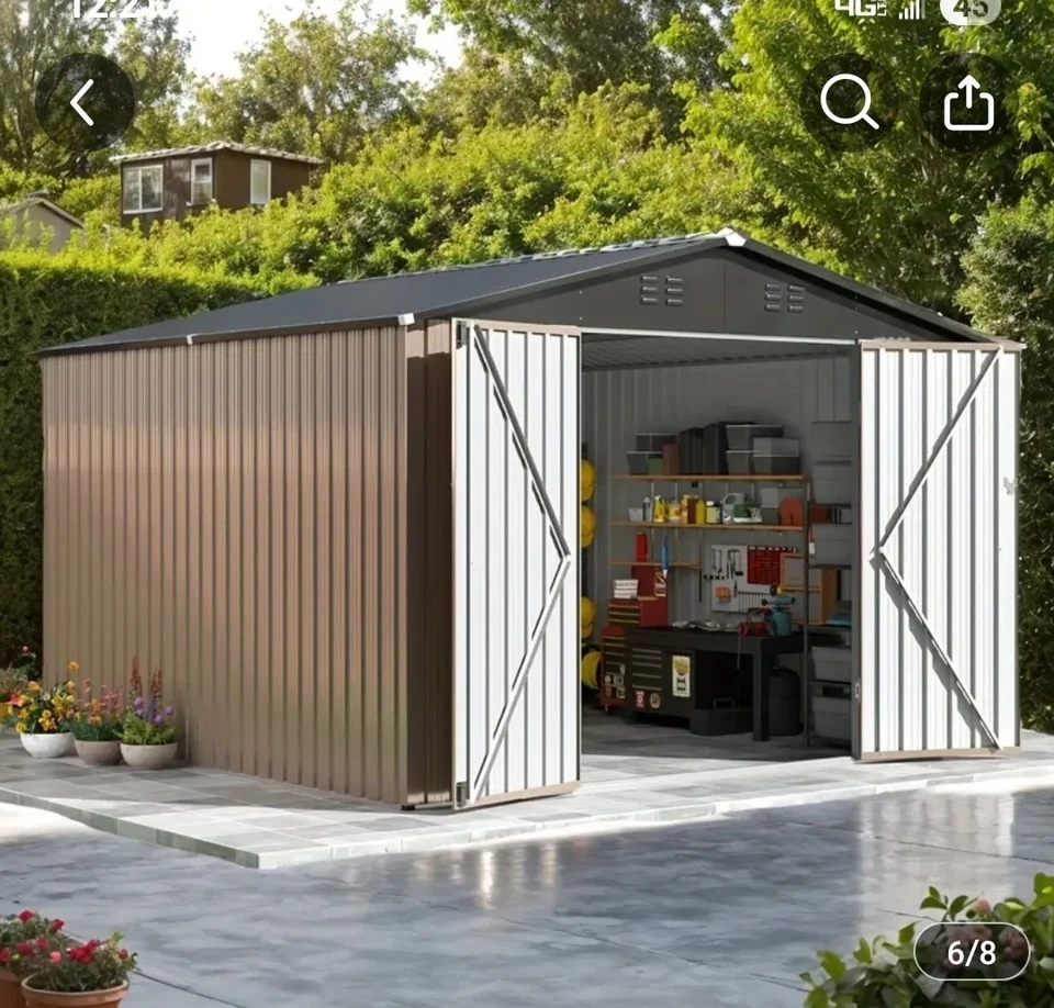 Cobertizo de almacenamiento exterior de alta calidad de 10 x 10 pies, metal, puertas con cerradura, (marrón) Foto 1 de 4