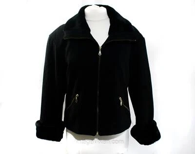 1990s Black Bomber Jacket with Faux Fur - Cool Retro 90s Club Wear - Medium Foto 1 de 4