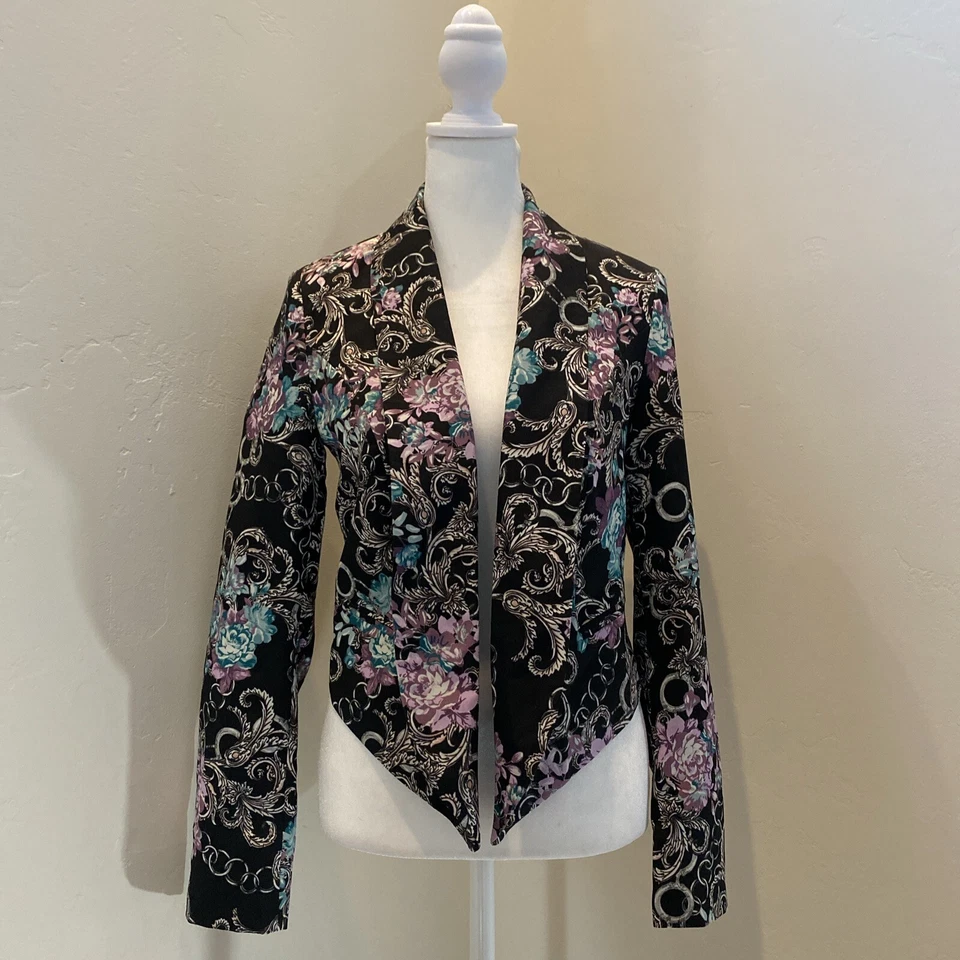 Bisou Bisou Cropped Tuxedo Jacket Blazer Black Purple Baroque Point Lapel Small - Image 1 of 4