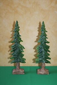 (2) 14" GREEN TREES w/ CARVED DESIGN Valerie Parr Hill GARDEN Woods Display